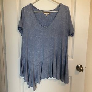 Eri + Ali Blue acid wash tee with asymmetrical hem